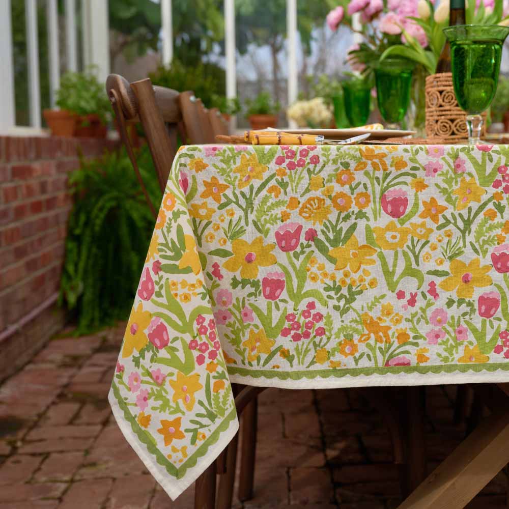 70s Flower Colorful Hand Block Printed Floral Cotton Tablecloth