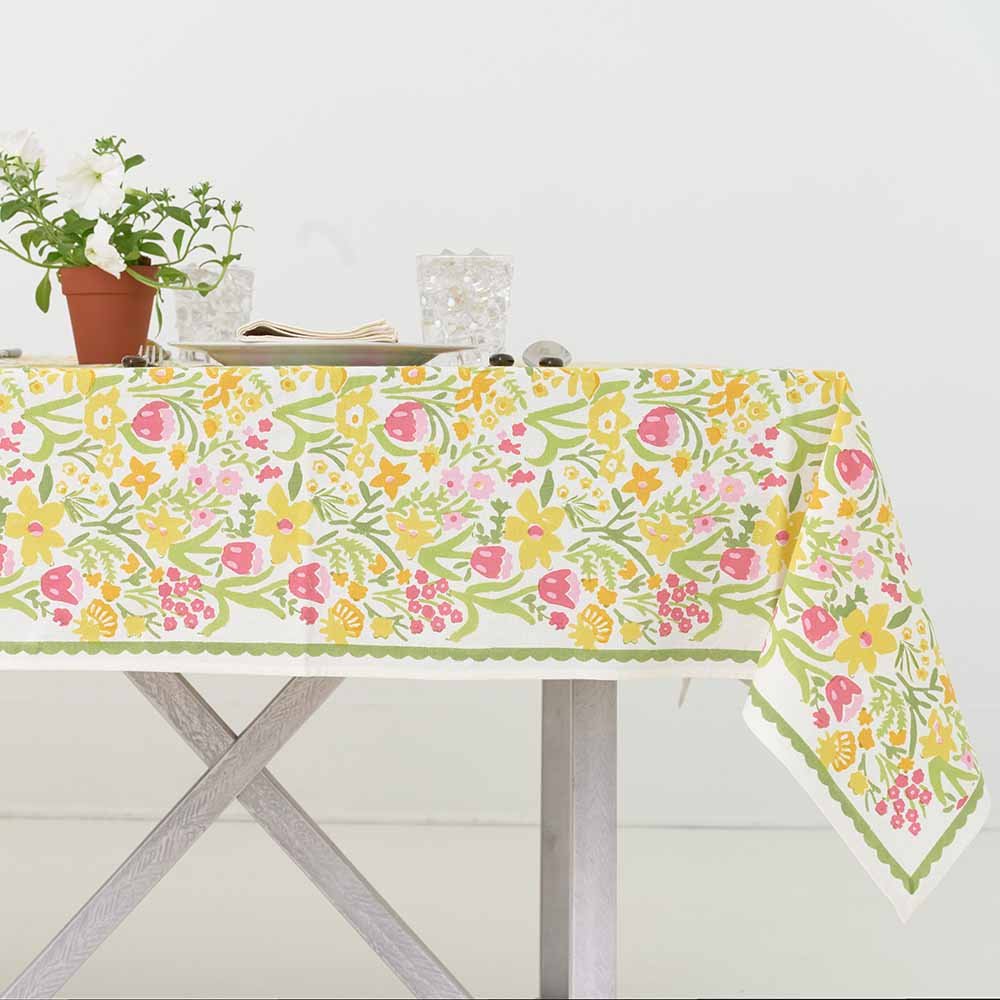 70s Flower Colorful Hand Block Printed Floral Cotton Tablecloth