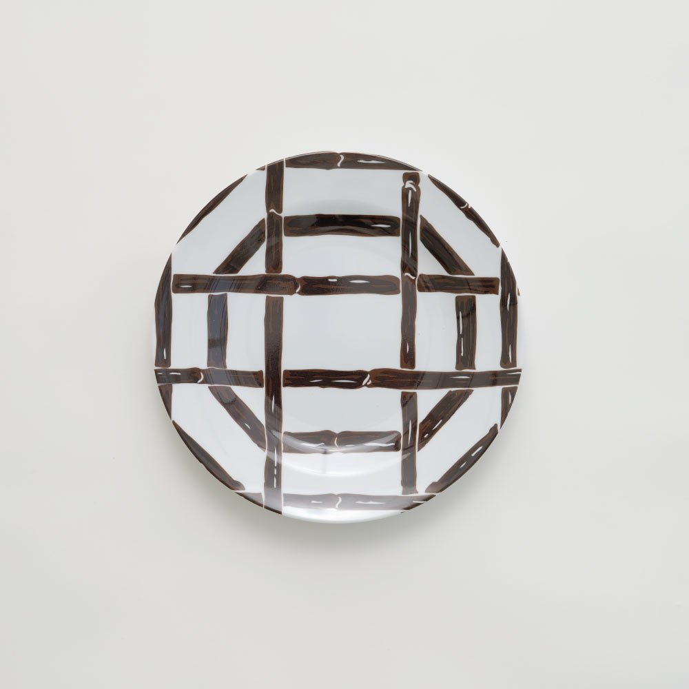 Appetizer plate with brown bamboo geometric pattern.