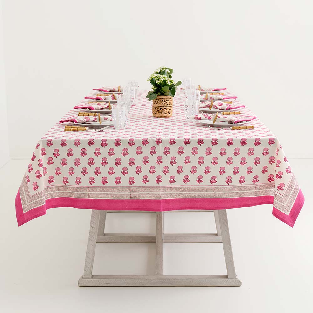 Dinner table set with Rosé tablecloth.