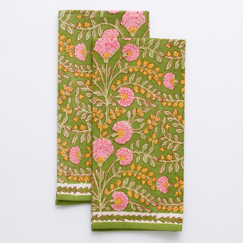 Cactus Flower Fern & Flamingo Green & Pink Floral Hand Block Printed Kitchen Tea Towels