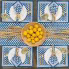 Pom Buti Denim Floral blue & white placemat, table runner, and napkins