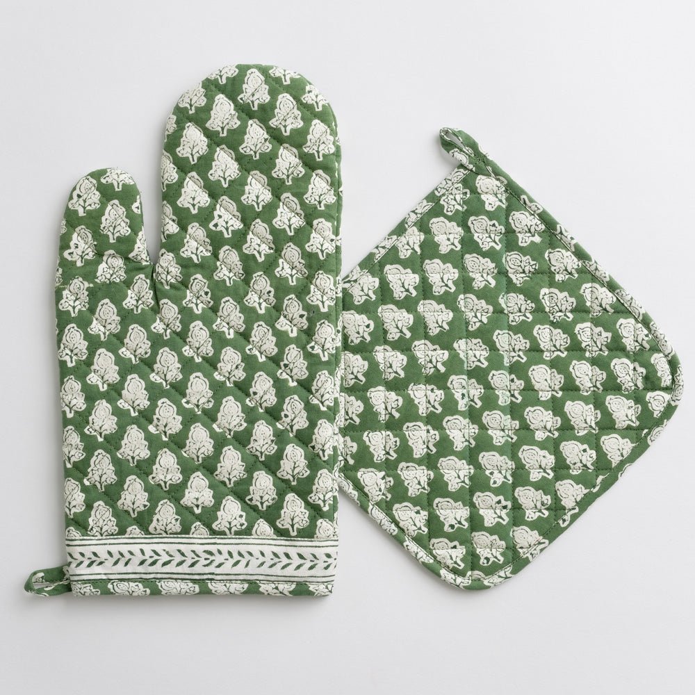 Pom Buti Green & White Floral oven mitt and pot holder set