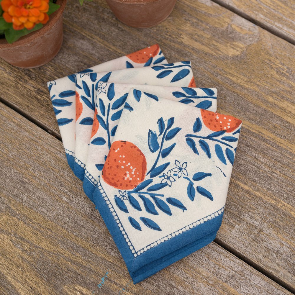 Orange, Blue & White Citrus and Floral Hand Block Printed Cotton Napkins