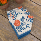 Orange, Blue & White Citrus and Floral Hand Block Printed Cotton Napkins