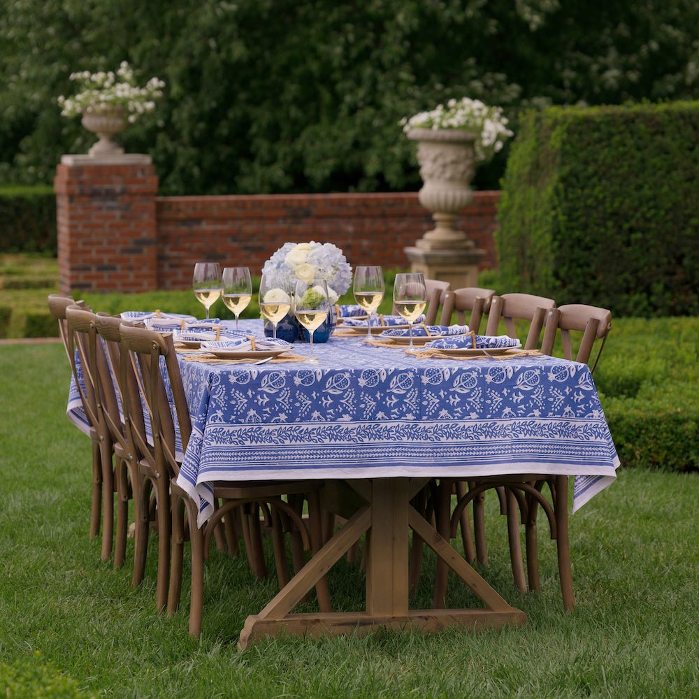 Outdoor table with Pomegranate Blue tablecloth