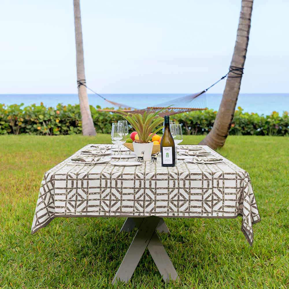 Brown Bamboo Brown & White Hand Block Printed Neutral Tabecloth