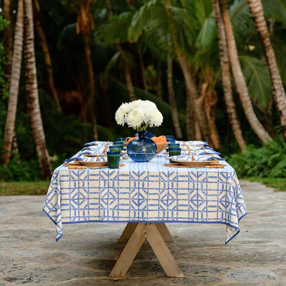 Blue Bamboo Hand Block Printed Geometric Tablecloth