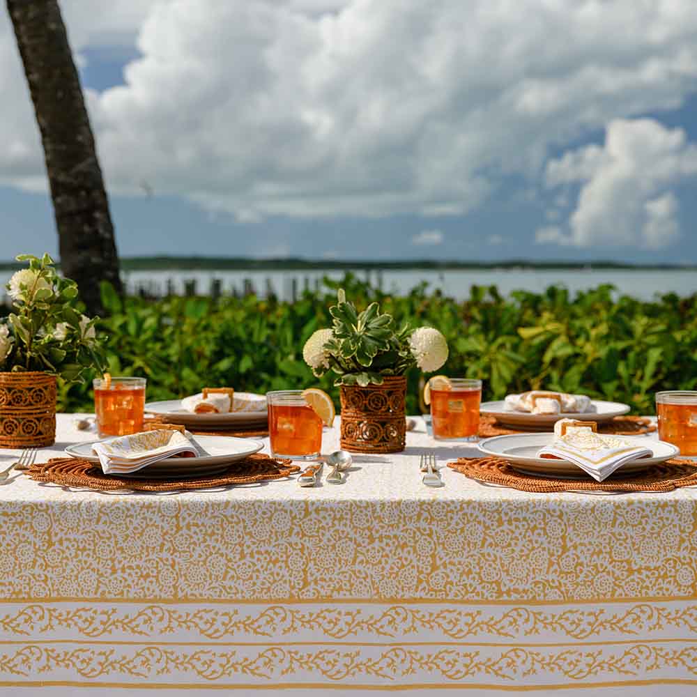Tapestry Marigold Hand Block Printed Yellow & White Cotton Tablecloth