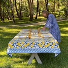 Navy Blue & Yellow Lemon Hand Block Printed Cotton Tablecloth
